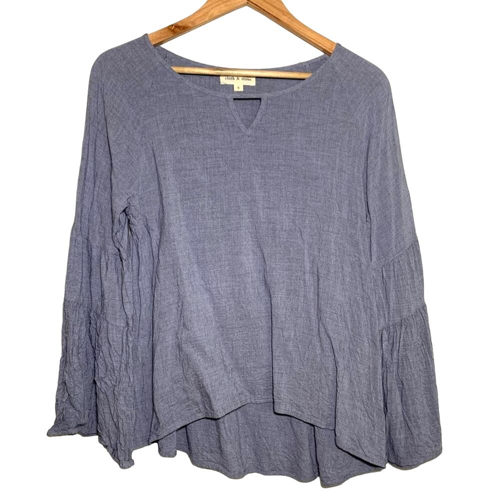 Cloth & Stone Tiered Bell Sleeved Relaxed Fit Long Sleeve Top Heather Blue Small